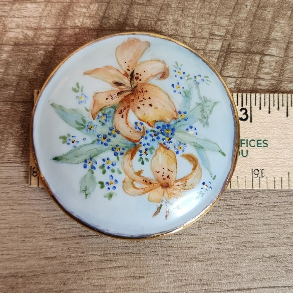 Antique Hand Painted Signed Round Porcelain Trinket Box Floral Day Lilies Relief